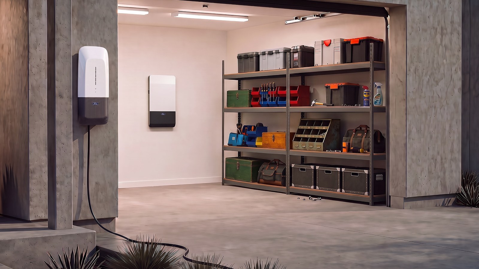 Ford rendering of its next-generation home power hardware mounted in a garage