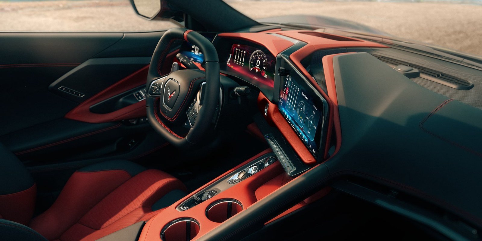 2027 Corvette Stingray cockpit with red leather and a center console without a gear lever
