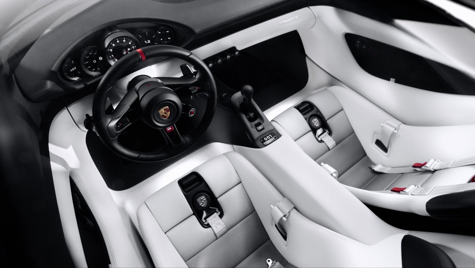 Porsche Mission S interior with round gauges, center shifter and white seats