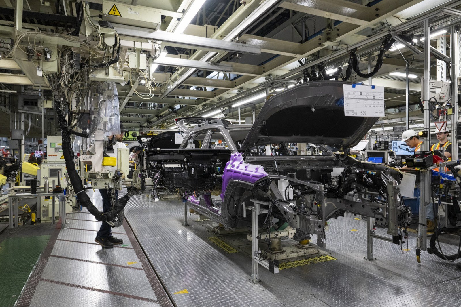 Sixth-generation RAV4 bodies on the assembly line at Toyota Motor Manufacturing Canada