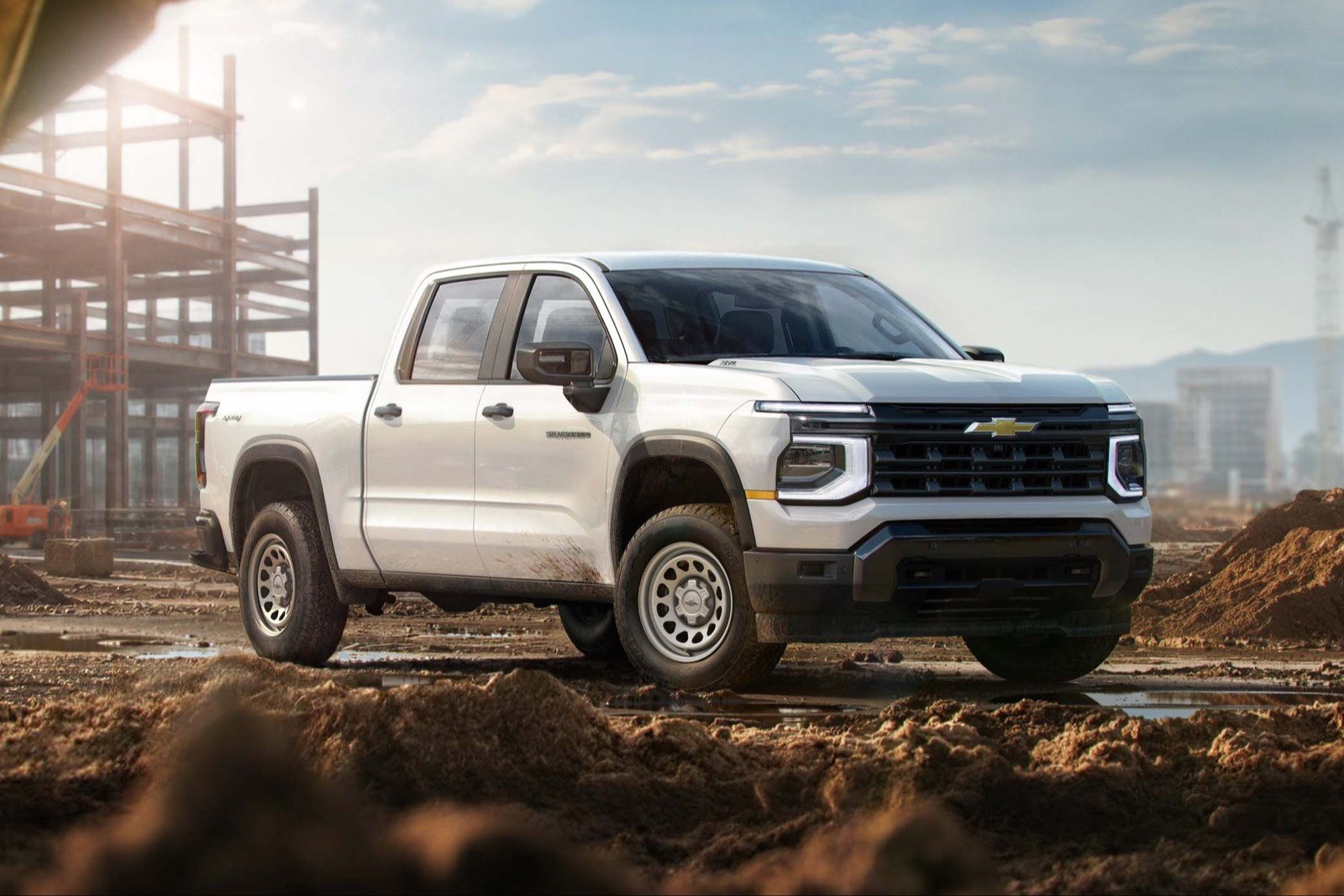 White 2027 Chevrolet Silverado 1500 Work Truck at a construction site