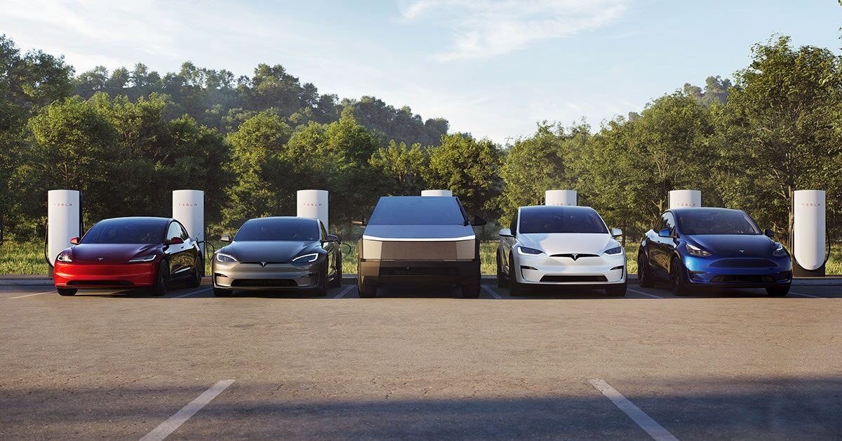 Tesla Model 3, Model S, Cybertruck, Model X and Model Y parked at Supercharger stalls