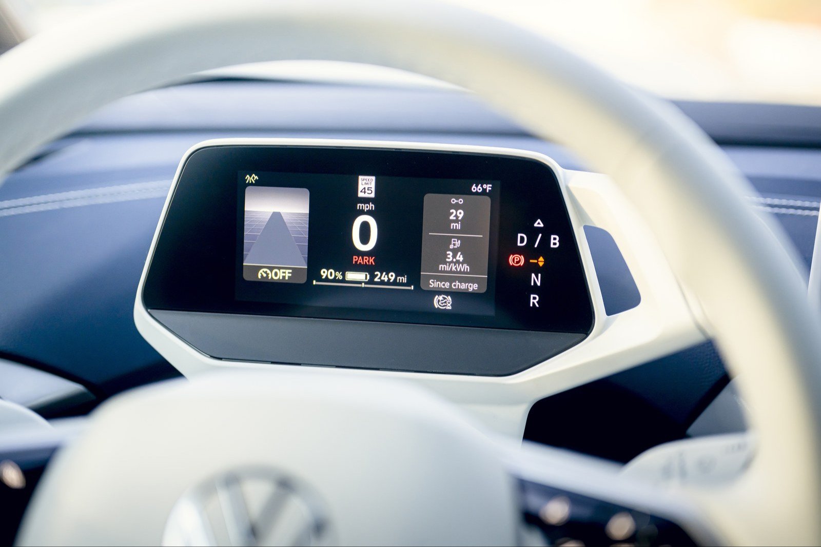 Volkswagen ID.4 driver display showing 90 percent charge and 249 miles of estimated range