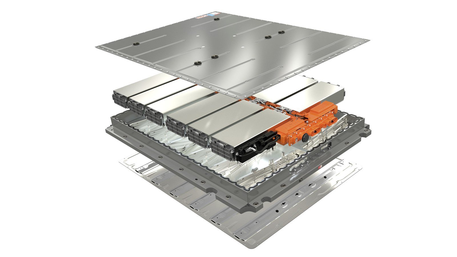 Exploded view of a Volkswagen MEB high-voltage battery system with cell modules and housing